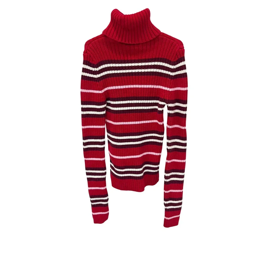 Vintage Energie Y2K Red Striped Ribbed Turtleneck Sweater Womens Medium‎ Cotton